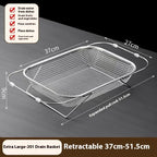 Spec diagram of the extra large mesh drain basket with width depth and extended span labels