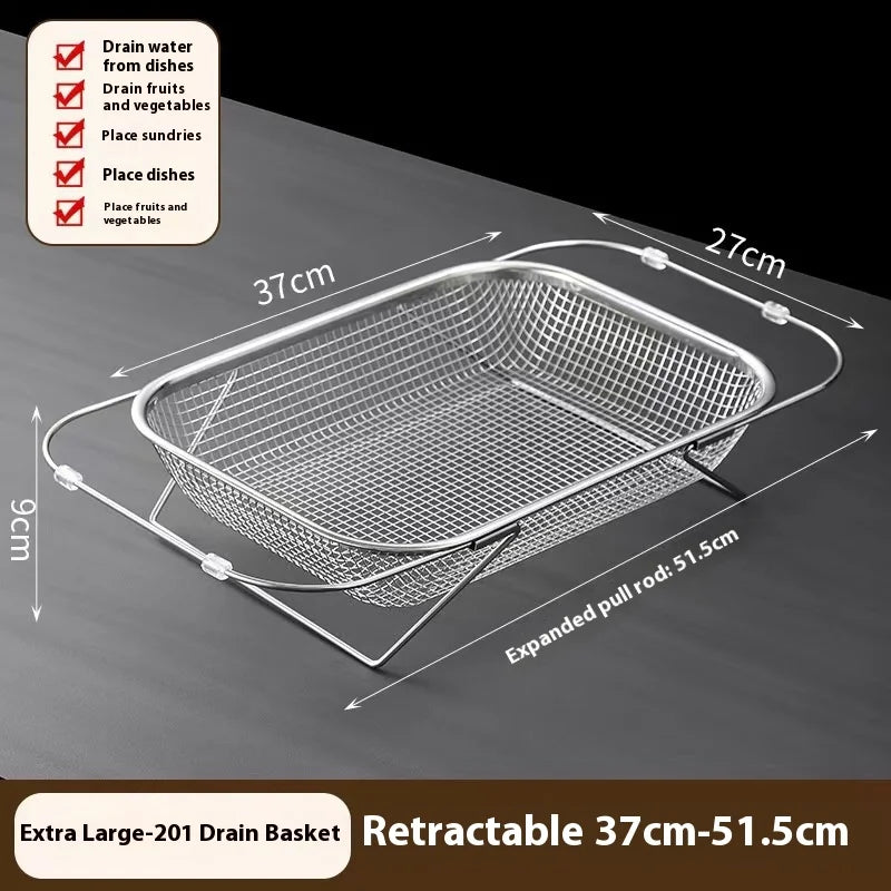 Spec diagram of the extra large mesh drain basket with width depth and extended span labels