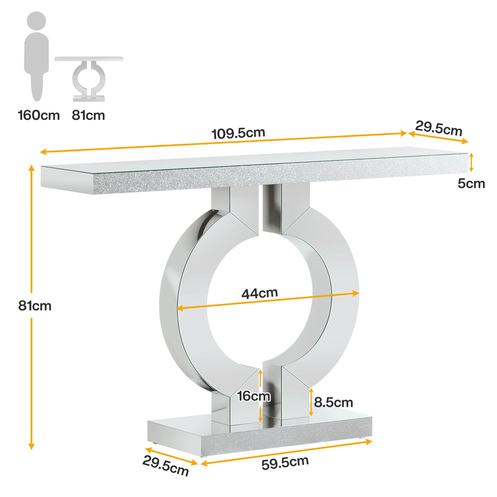 Dimension diagram of a silver console table with a large ring shaped mirrored base