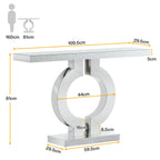 Dimension diagram of a silver console table with a large ring shaped mirrored base