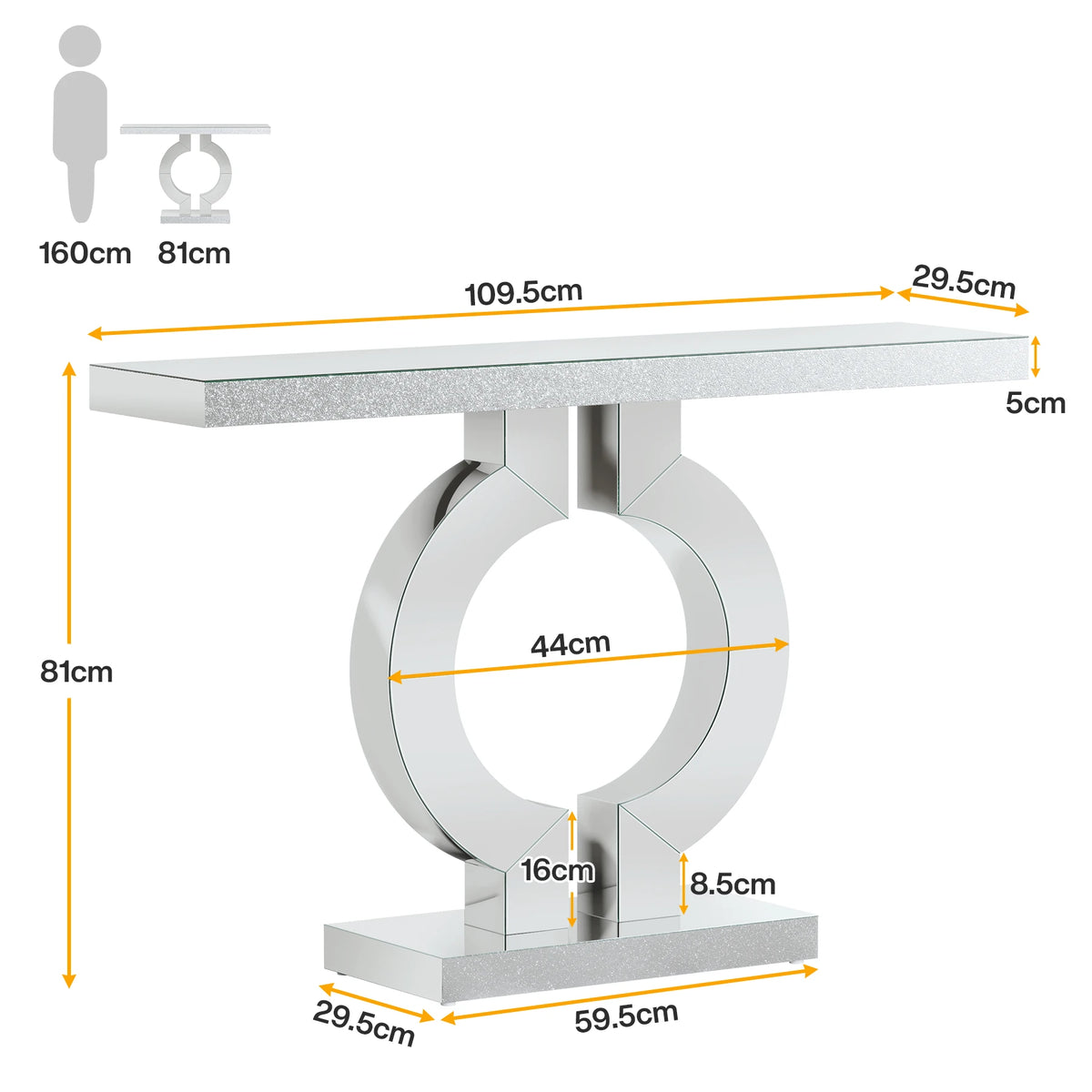 Dimension diagram of a silver console table with a large ring shaped mirrored base