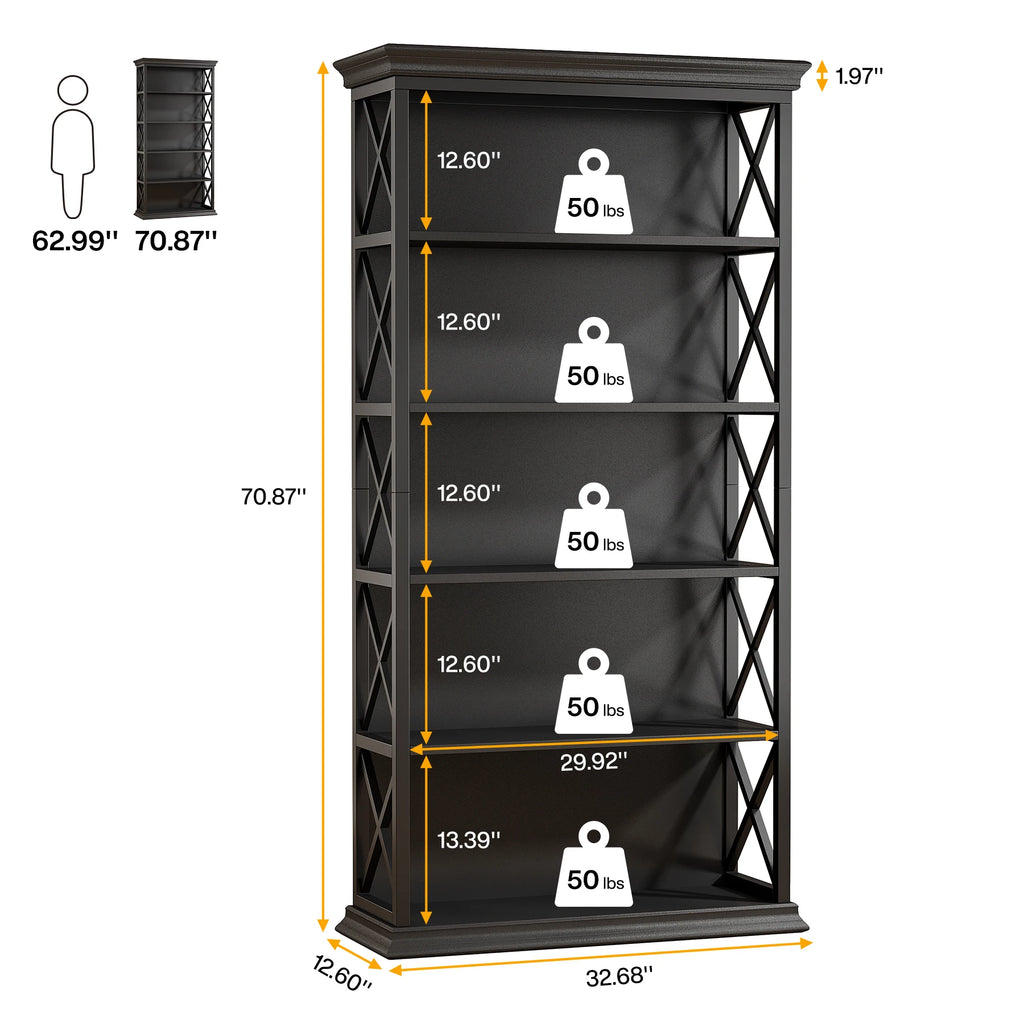 Diagram of the black bookcase with per shelf load icons and sizes in inches