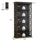 Diagram of the black bookcase with per shelf load icons and sizes in inches
