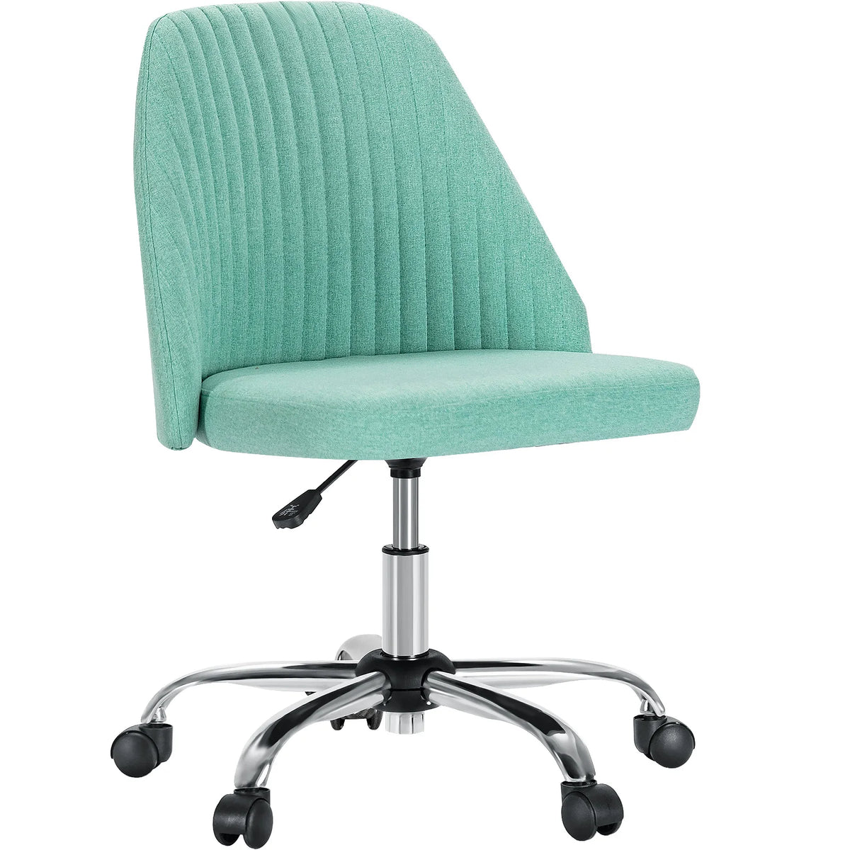 Mint green armless swivel chair with a ribbed back seen from the front on white