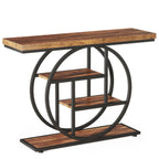 Plain white background view of the rustic wood console on its black ring frame