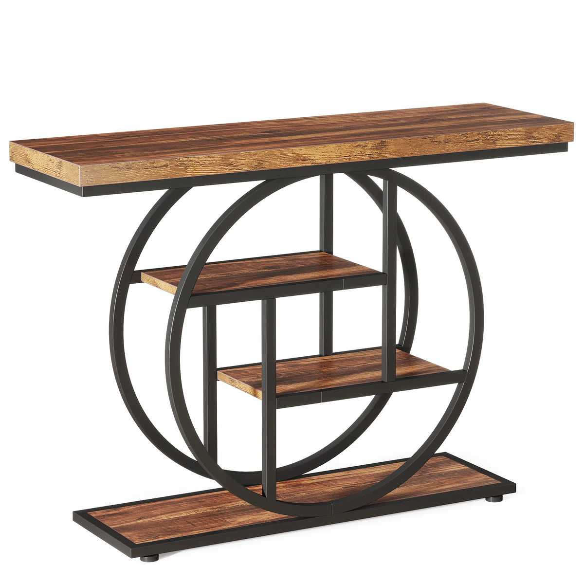 Plain white background view of the rustic wood console on its black ring frame