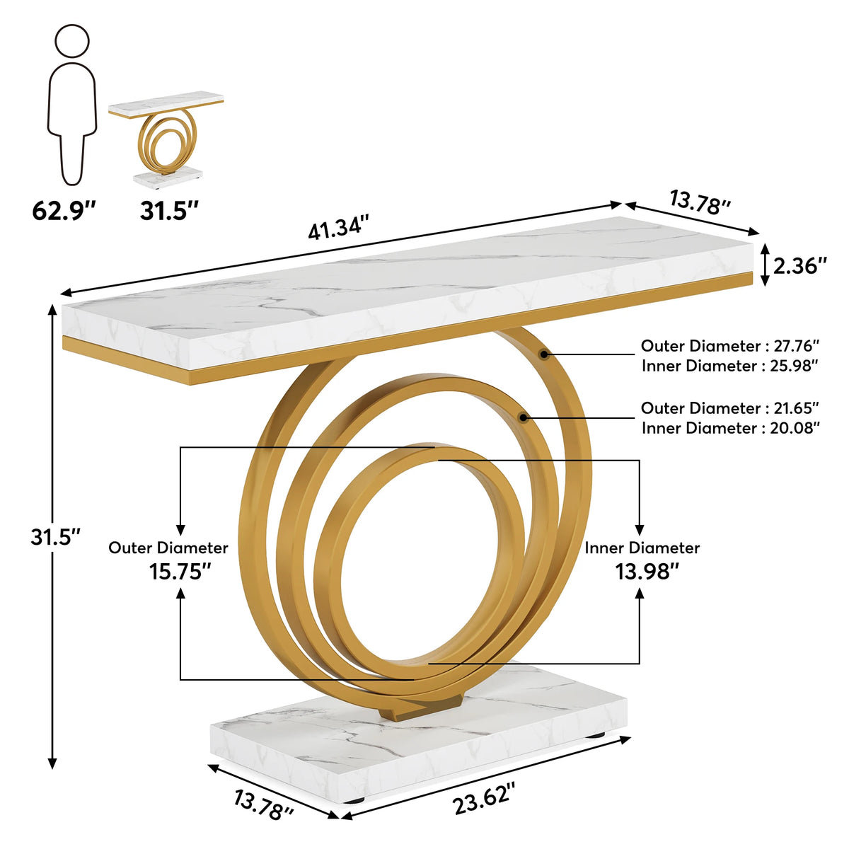 Dimension diagram of the gold ring console with its white top measurements