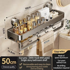 Feature diagram of the 50 cm / 19.7 in gray shelf with hooks and a hanging rail