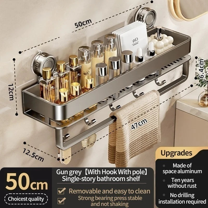 Feature diagram of the 50 cm / 19.7 in gray shelf with hooks and a hanging rail