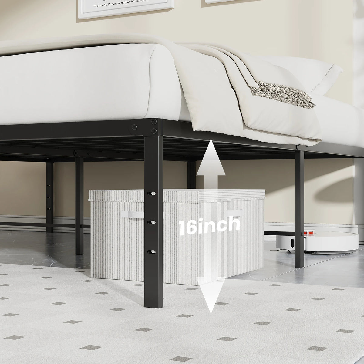 Under bed clearance arrow beside a storage box slid below the mattress
