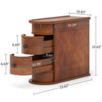 Diagram with both curved drawers swung open and dimensions marked in inches