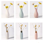 Six panel grid of white, green and pink vases holding yellow flowers