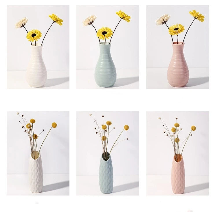 Six panel grid of white, green and pink vases holding yellow flowers