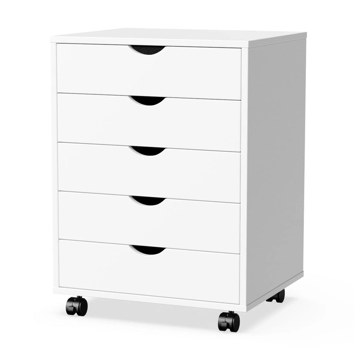 Plain white background view of the five drawer chest on black locking wheels