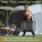 Person carrying the folded chair by its frame past a tent and camp table at a campsite