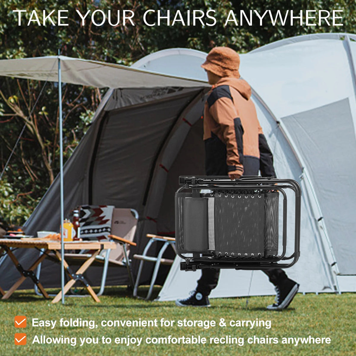 Person carrying the folded chair by its frame past a tent and camp table at a campsite