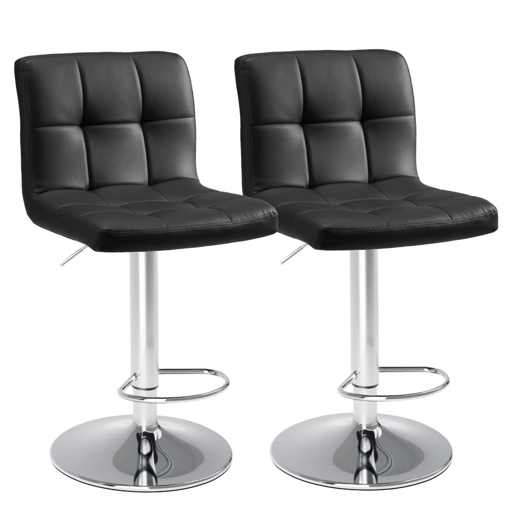 Close front view of two black tufted swivel stools standing together on white