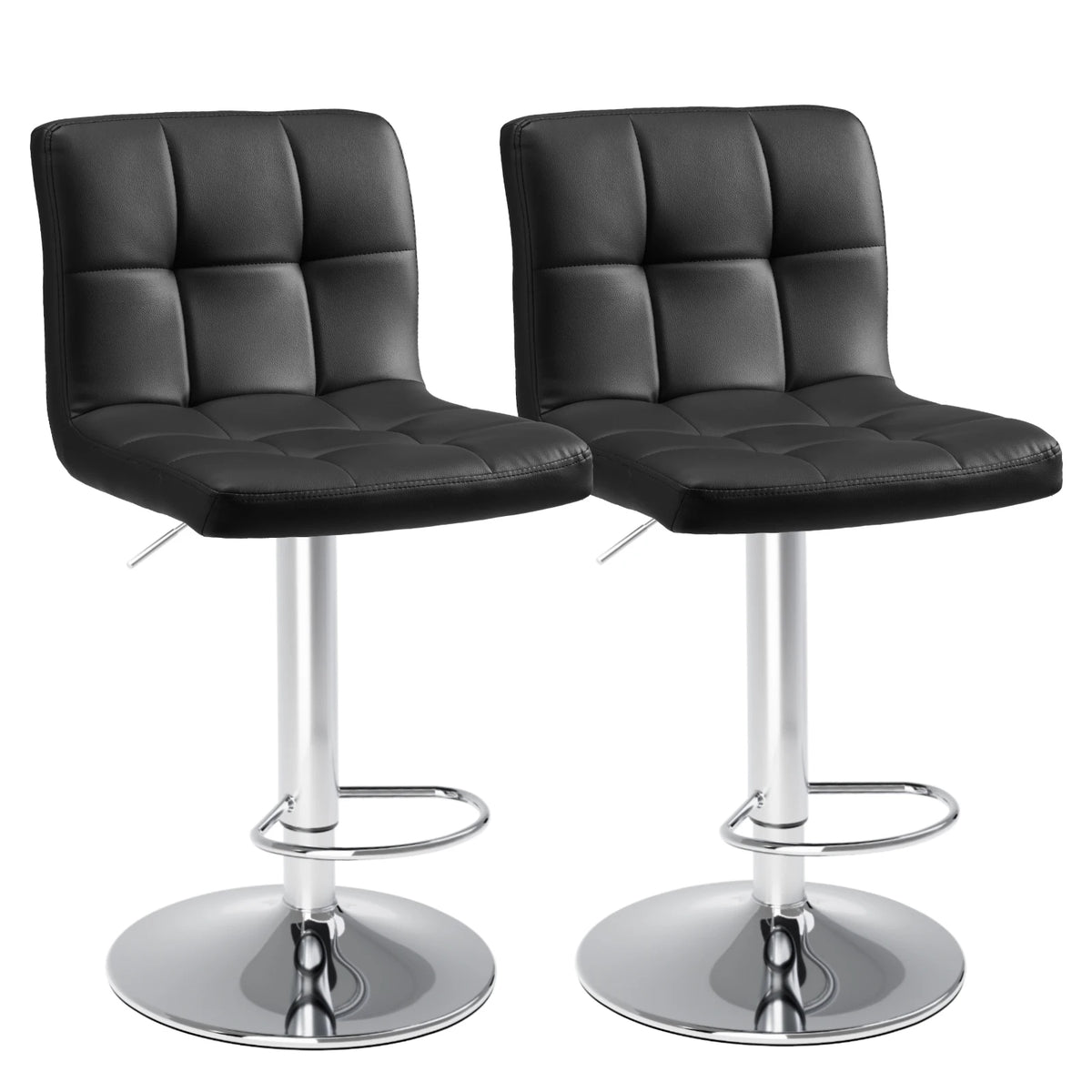 Close front view of two black tufted swivel stools standing together on white