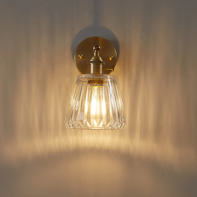 Brass Wall Sconce with Clear Ribbed Glass Shade, Single Light Adjustable Wall Lamp for Bedroom, Bathroom Mirror and Hallway, 14 cm / 5.5 in Shade