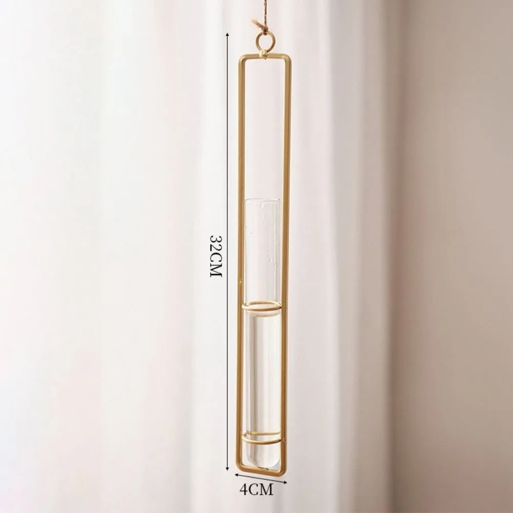 Measurement view of the taller gold framed tube on a pale curtain