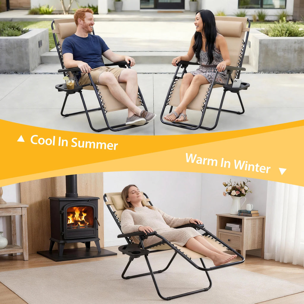 Split panel with a couple in loungers by a pool and a woman by a wood stove