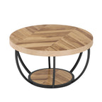 Studio render of the light oak round table top above its black steel arc base