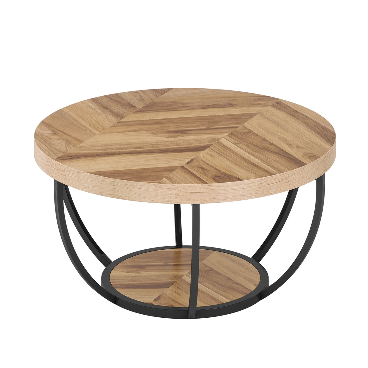 Studio render of the light oak round table top above its black steel arc base