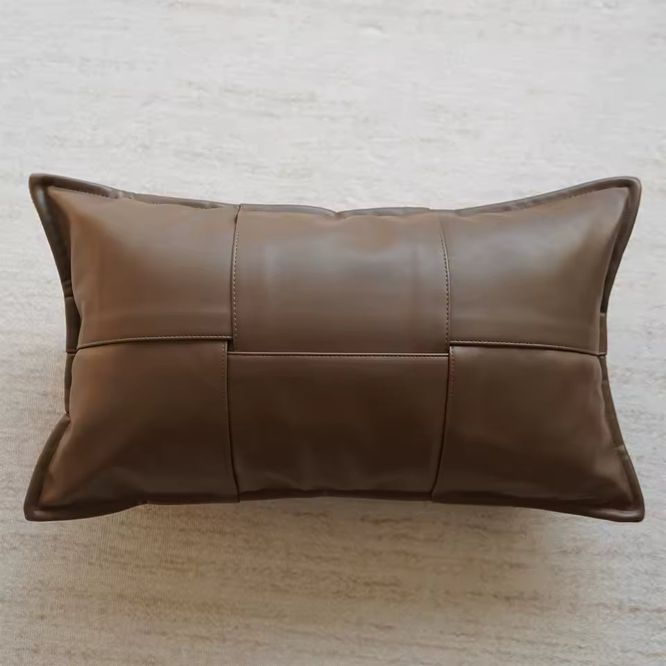 Faux Leather Throw Pillow Cover, Textured Woven Cushion Case in Brown or Black, 45 x 45 cm / 17.7 in Square or 30 x 50 cm / 19.7 in Lumbar
