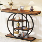 Console against white paneling topped with lamps and stacked baskets below
