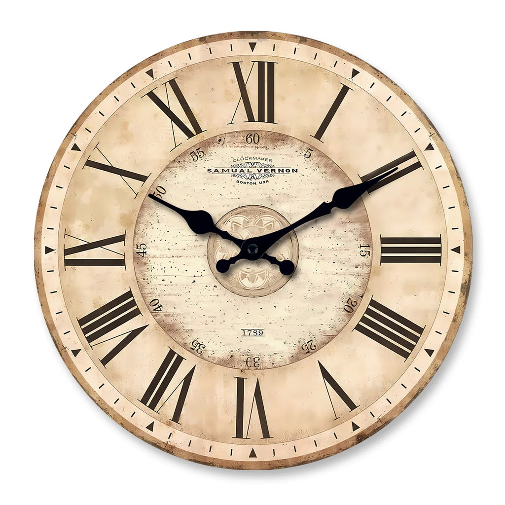 Close front view of an aged cream clock dial with black roman numerals and hands