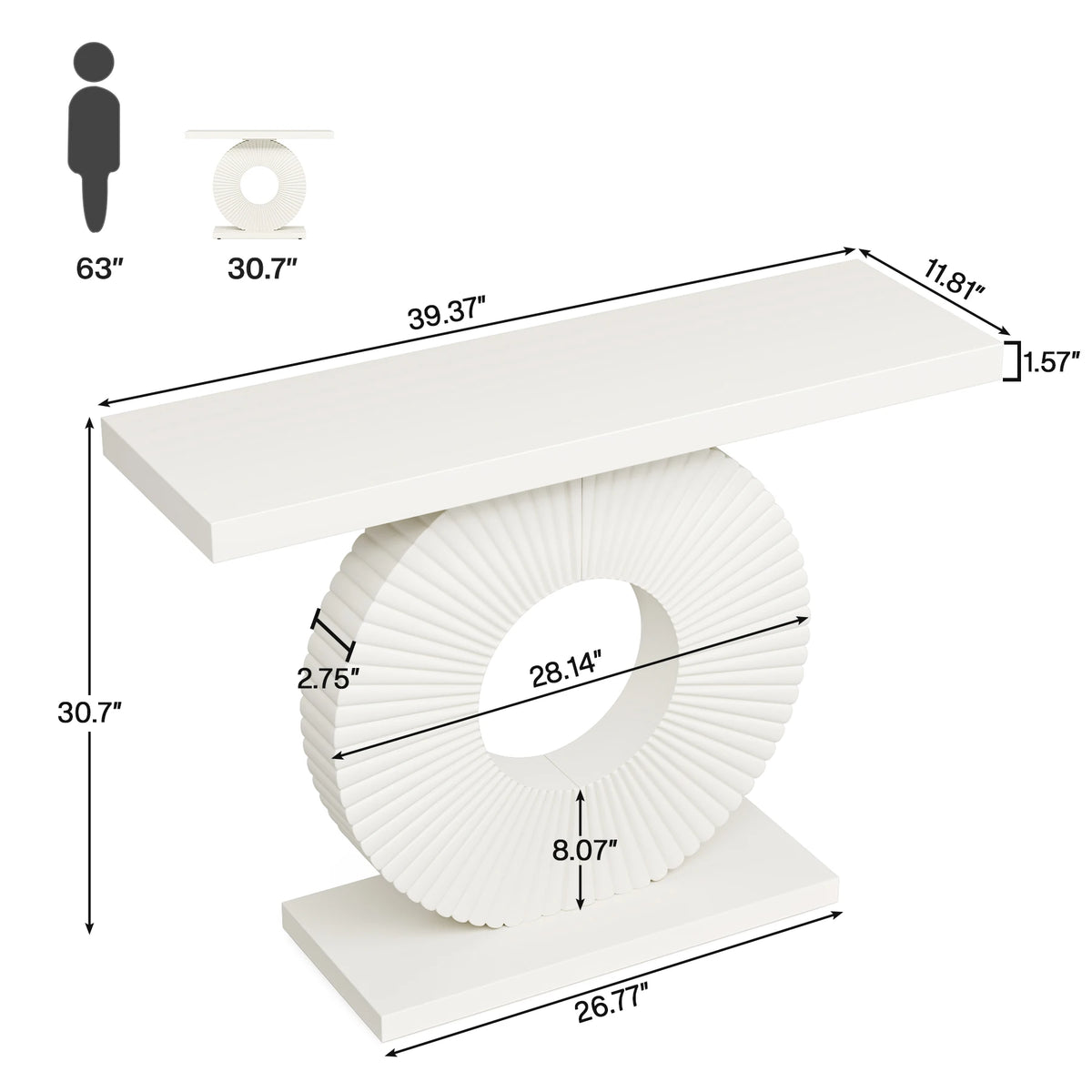Dimension diagram of the white version of the fluted disc console table