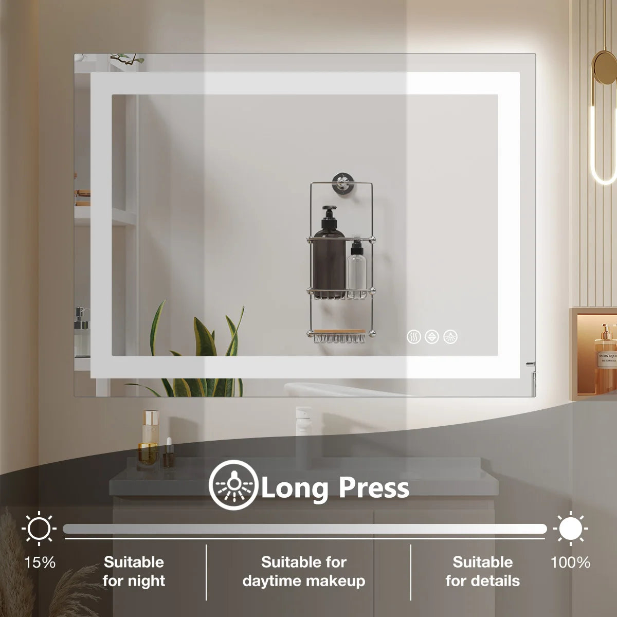 Long press touch control icon shown on the glowing surface of the lit mirror