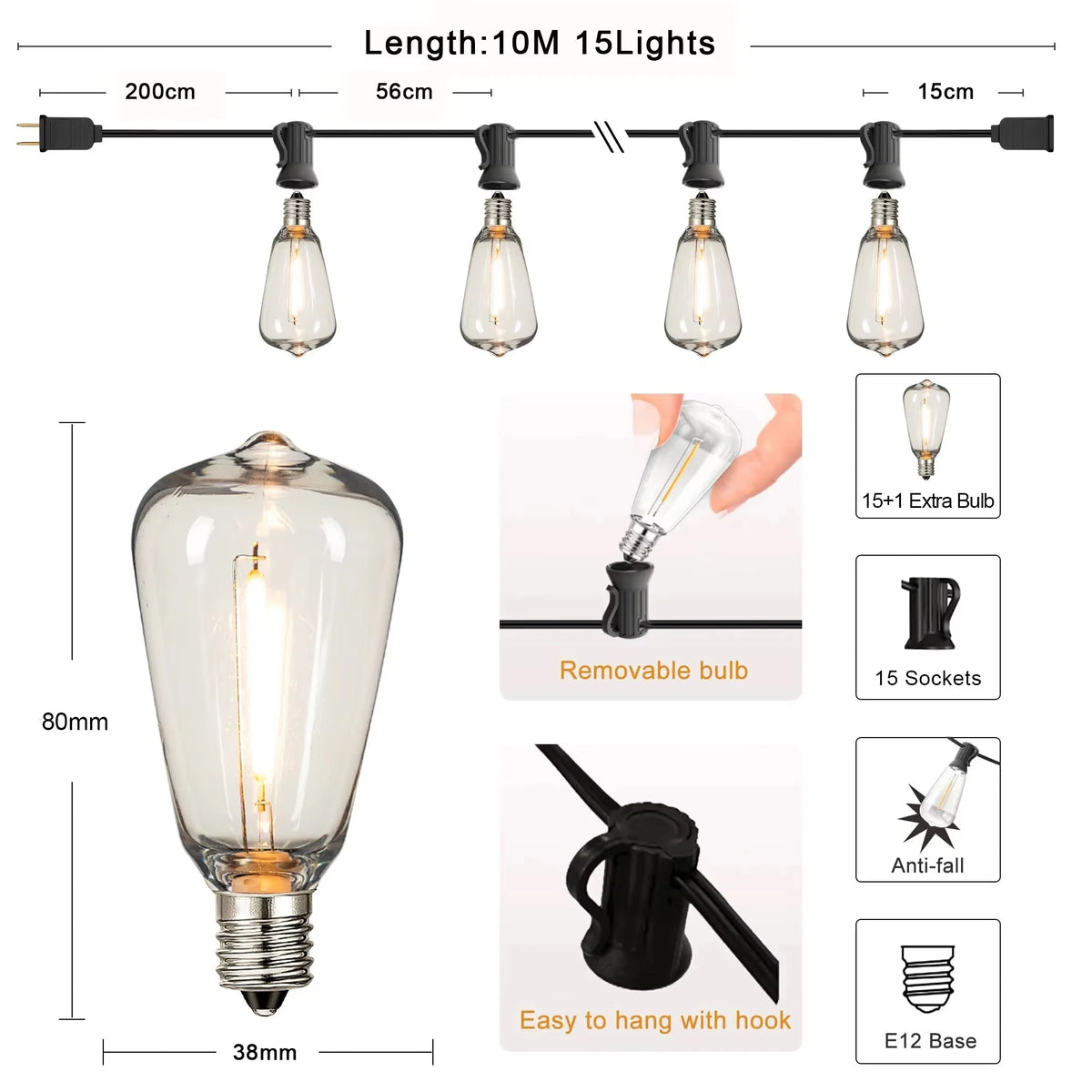 Spec diagram of the 10 m / 33 ft strand with 15 bulbs and bulb size details