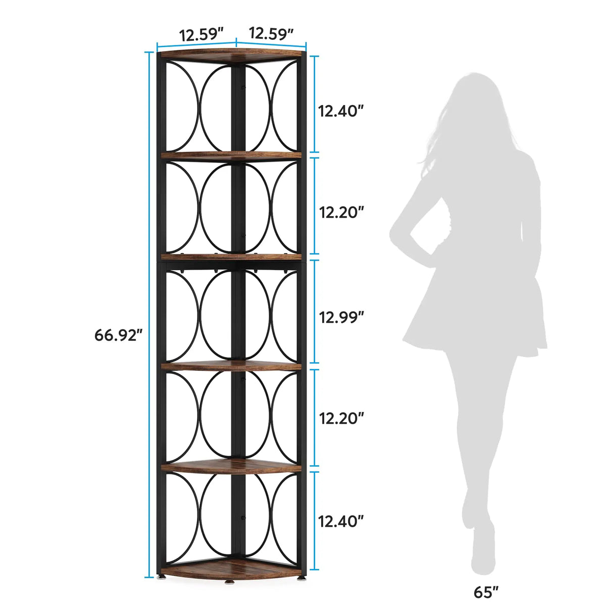 Size chart with a person silhouette showing the corner shelf height and shelf spacing