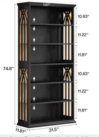 Dimension diagram of the black bookcase marking each adjustable shelf opening