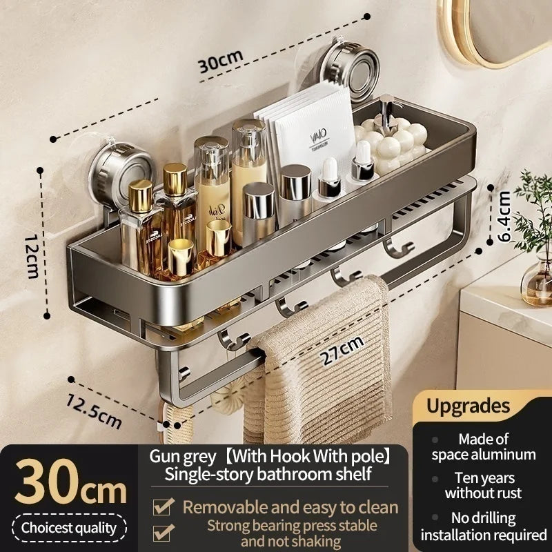 Feature diagram of the 30 cm / 11.8 in gray shelf with hooks and a hanging rail