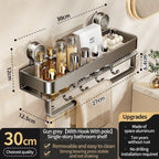Feature diagram of the 30 cm / 11.8 in gray shelf with hooks and a hanging rail