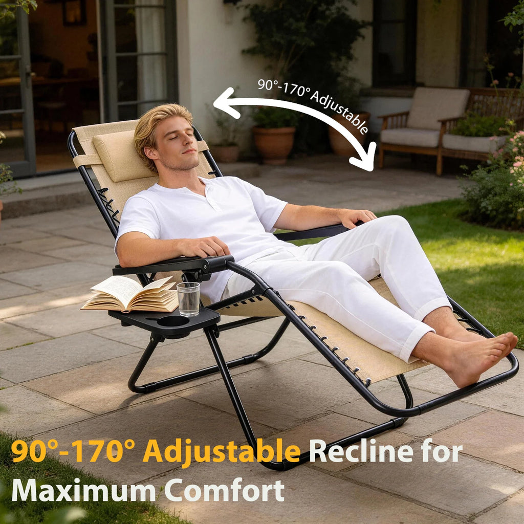 Man reclining in a gray lounger with an arrow marking the recline range