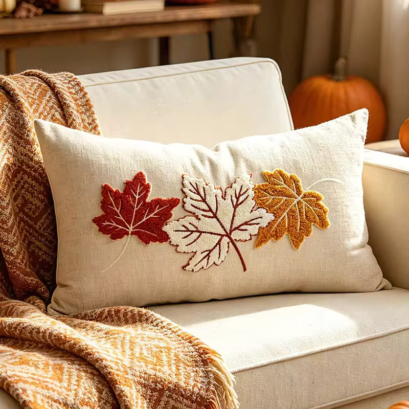 Maple Leaf Throw Pillow Cover, Tufted Velvet Autumn Cushion Case, Fall Leaves and Wreath Designs, 45 x 45 cm / 17.7 in or 30 x 50 cm / 19.7 in