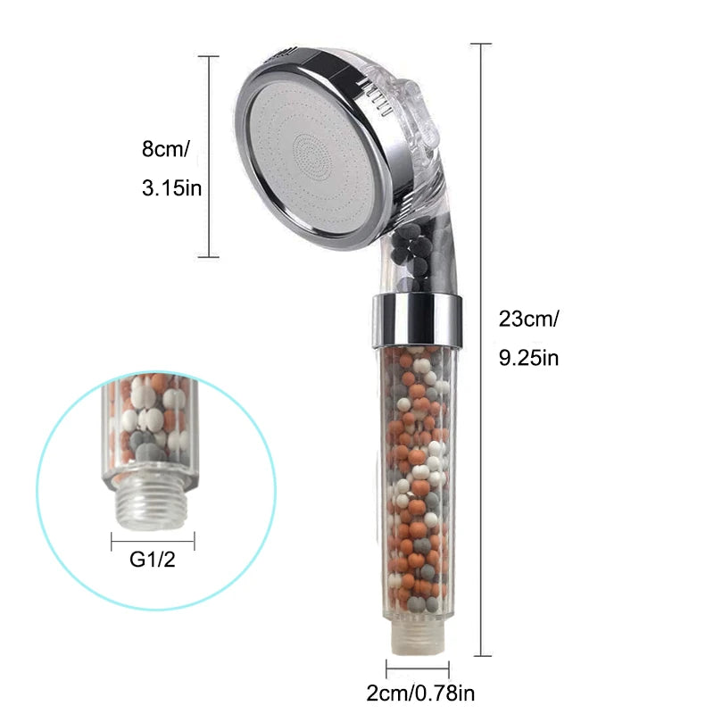 Mineral Filter Shower Head, Handheld Chrome Sprayer with Clear Bead Barrel, Rainfall Jet and Massage Settings, Water Saving for Bathrooms
