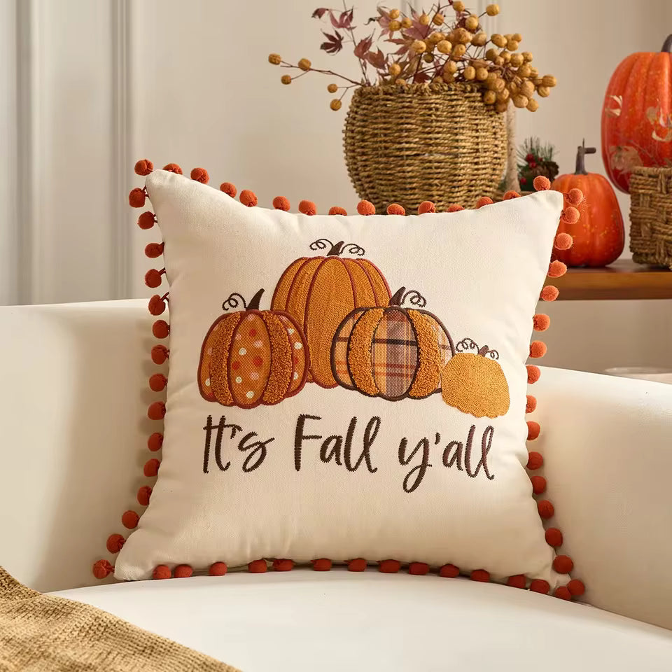 Fall Lettering Throw Pillow Cover, Tufted Velvet Autumn Cushion Case Reading Happy Fall, 45 x 45 cm / 17.7 in or 30 x 50 cm / 19.7 in