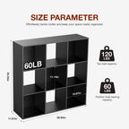 Size panel for the cube shelf with weight capacity icons and labeled dimensions