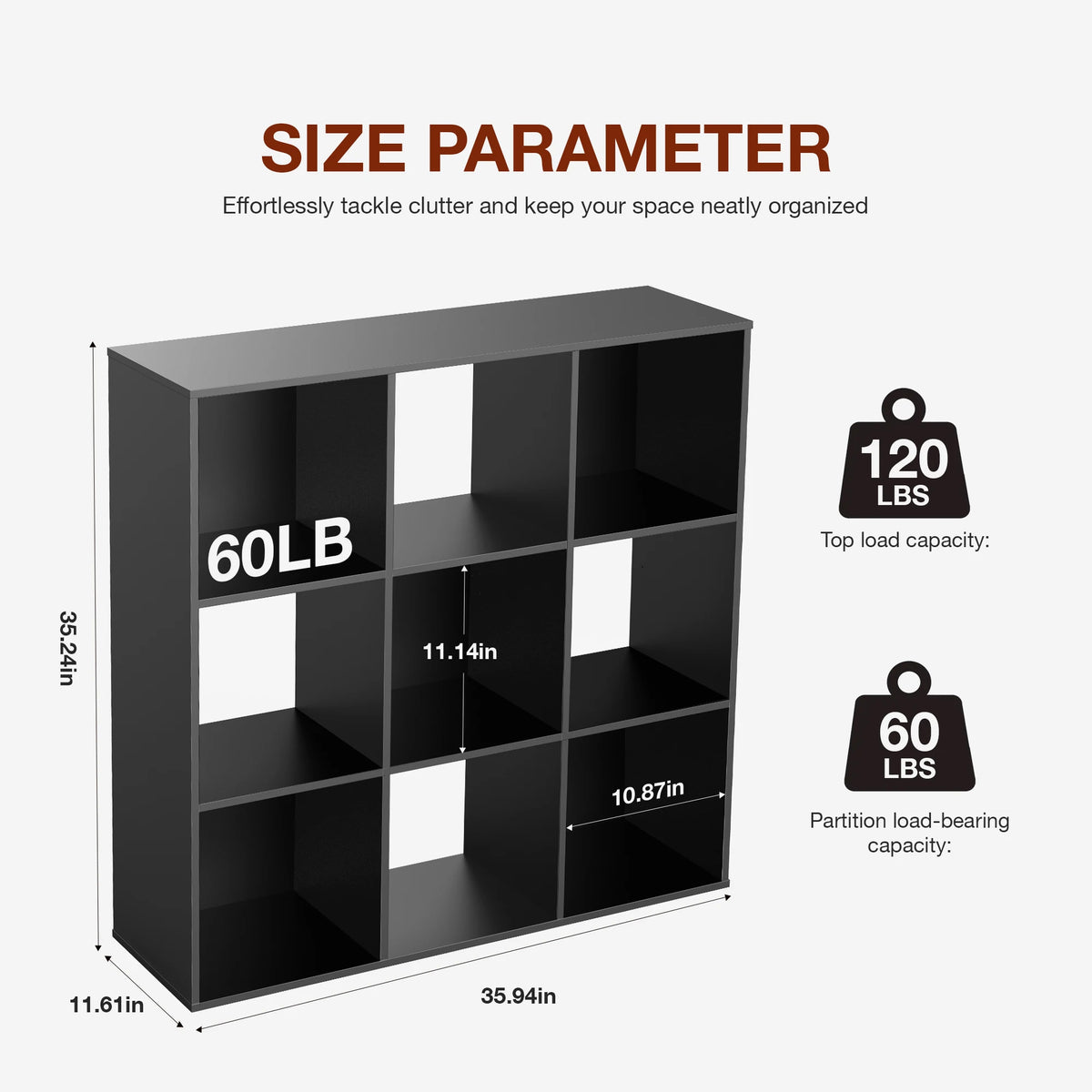 Size panel for the cube shelf with weight capacity icons and labeled dimensions