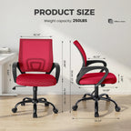 Size panel with front and side views of the red mesh chair and a load label