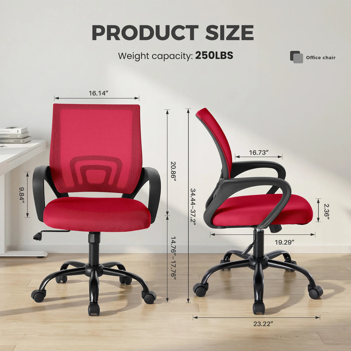 Size panel with front and side views of the red mesh chair and a load label