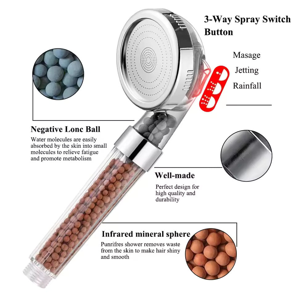 Mineral Filter Shower Head, Handheld Chrome Sprayer with Clear Bead Barrel, Rainfall Jet and Massage Settings, Water Saving for Bathrooms