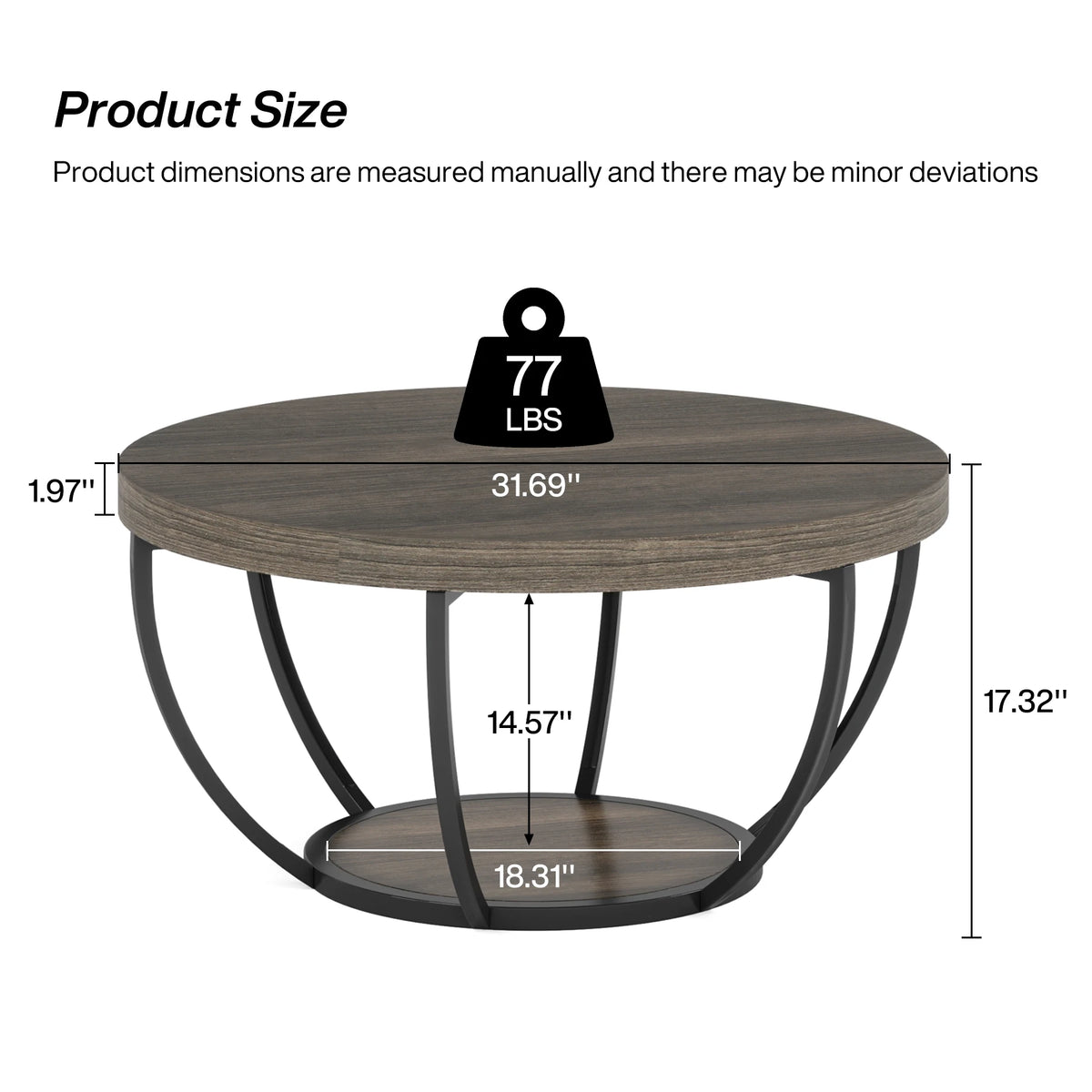 Spec diagram of the gray top coffee table with the lower shelf size marked