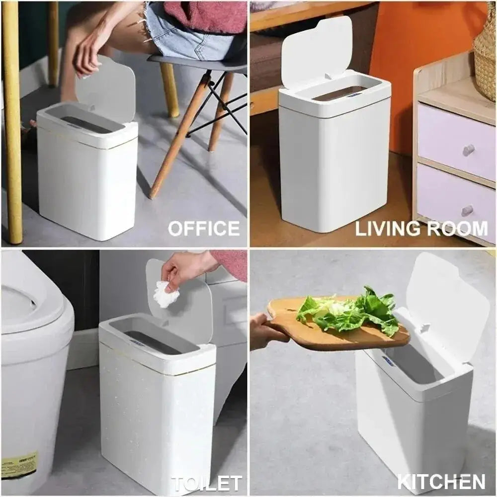 Four panel collage placing the trash can in an office, living room, toilet and kitchen