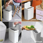 Four panel collage placing the trash can in an office, living room, toilet and kitchen