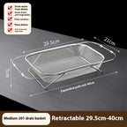 Spec diagram of the medium drain basket showing its length width and depth